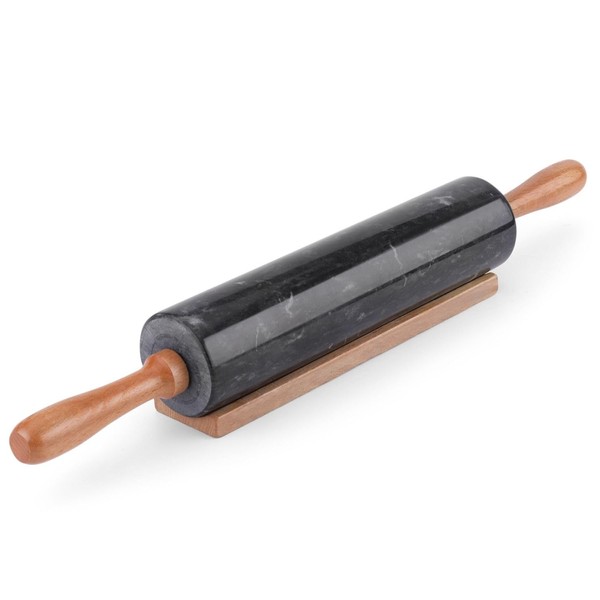 Flexzion Black Marble Rolling Pin, 10-inch with Wooden Handle and