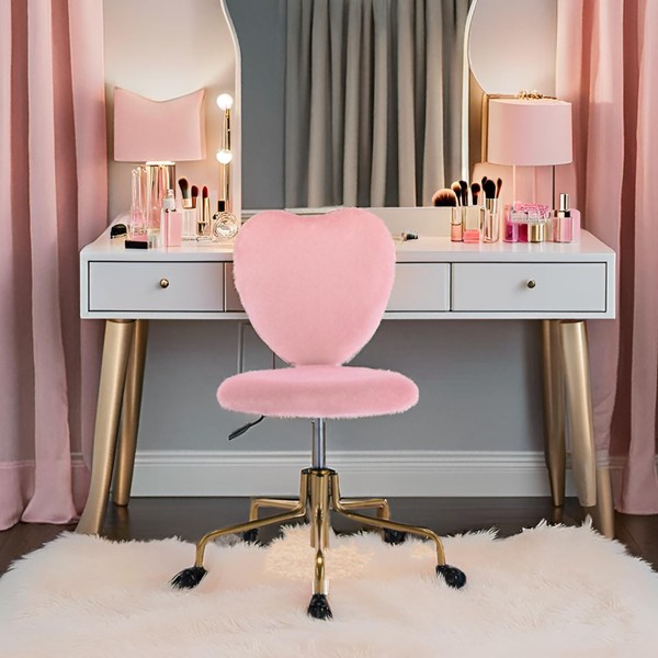 Velvet Cute Heart Pink Desk Chair with Wheels, Comfortable Armless