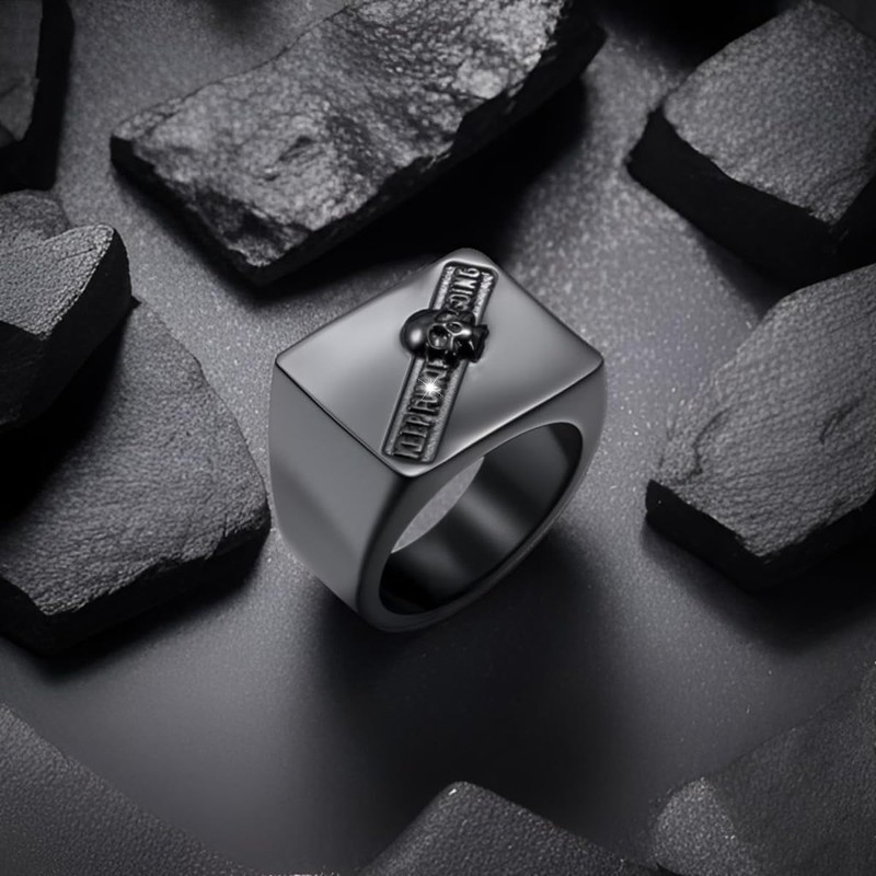 ELFASIO Keep Going Skull Rings for Mens, Square Signet Ring