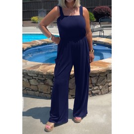 Aoang Womens Oversized Jumpsuits for Women Overalls Loose Casual Wide Leg One Piece Sleeveless Solid Jumpsuit Long Pant Rompers with Pockets 2025 Navy Blue S