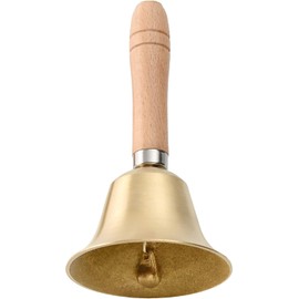 Hand Bell, Gold 3.14 Inch Large Hand Call Bell with Solid Brass Wood Handle, Very Loud Handbell for Restaurant Service Bell Bar Jingle Wedding Classroom Church School Classroom Alarm