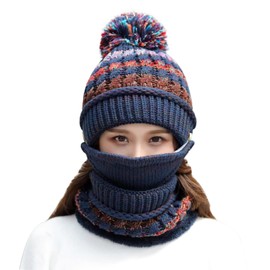 Knitted Hat Scarf Mask Set Winter Hat Women Girls Neck Warmer Fleece Lining Knitted Hat with Bobble Balaclava Thick Face Mask Windproof Tube Scarf Removable Ski Hat Neck Warmer Outdoor, blue