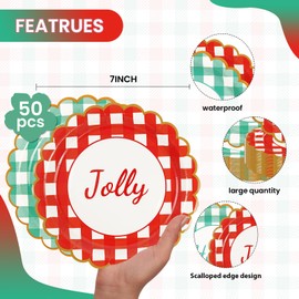 50PCS Christmas Scalloped Paper Plates - 7Inch Red and Green Gingham Dessert Plates Disposable Xmas Holly Jolly Dinnerware Plates for Winter Holiday Party Supplies
