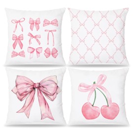 Pleonox Pink Coquette Bow Pillow Covers 18x18 Set of 4, Coquette Room Decor, Coquette Bow Cherry Heart Aesthetic Pillow Covers, Coquette Stuff, Girly Bedroom Decor, Bow Room Decor