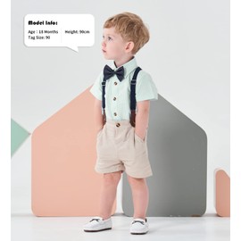 Volunboy Baby Boy Summer Formal Set Toddler Short Suspenders Outfit Kid Gentleman Light Green Stripe Short Sleeve Bowtie Suits (Light Green, 18-24Months)