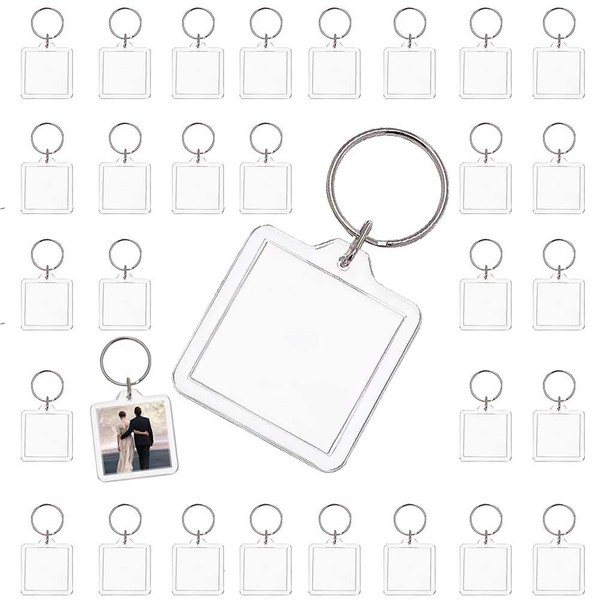 rinda Keychains, Photo Holder, Square (30 Pieces, 50 Pieces, 60 Pieces, 100 Pieces) Acrylic, Cut Template, Photo Frame, Handmade Parts, Gonze, Making Kit (Transparent, Clear) (Set of 50)