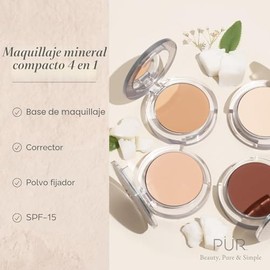 PÜR MINERALS Base de Maquillaje Mineral Prensada 4 en 1 en Polvo con SPF 15 - Corrector y Compacto de Acabado en Polvo Prensado para Rostro - Base en 