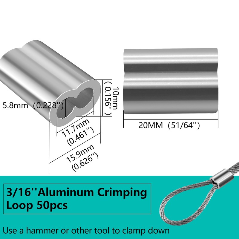 Bikykose 50Pcs M5 Aluminum Crimping Loop Sleeves for 9/64 Inch