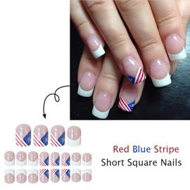 4th of July American Flag Fake Nails Independence Day Press on Nails with White French Tip Design Glossy Short Square Glue on Nail USA Patriotic False Nail for Women