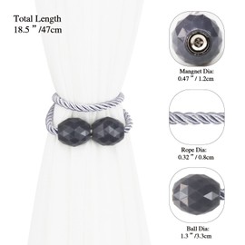 Porlau Strong Magnetic Curtain Tiebacks Grey 6 Pack Decorative Tie Backs Outdoor Curtain Rope Tiebacks Elegant Curtain Holdbacks for Drapes