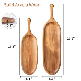 2PCS Wooden Tray Wood Serving Tray with Handle Large Serving Plates Acacia Solid Wood Appetizer Plates Multi-Use Oval Acacia Plates for Appetizer for Snack(Large 20.5“ and 16.5"