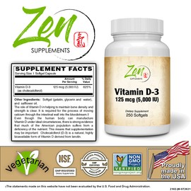 Zen Supplements - Vitamin D-3 5000 IU 250-Softgel - Supports Healthy Muscle Function, Bone Health & Immune Support