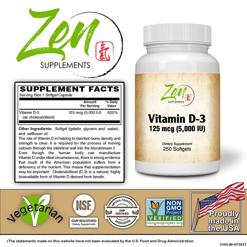 Zen Supplements - Vitamin D-3 5000 IU 250-Softgel - Supports