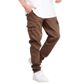 THWEI Cargo Pants for Men Casual Drawstring Joggers Cotton Work Sweatpants Multi Pockets Brown XL