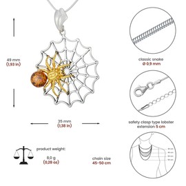 AMBEDORA Women's Golden Spider Necklace Mod.01 with Amber on Spider Web, Sterling Silver Polished Gold Plated, Baltic Amber in Cognac Colour, Silver Pendant with Chain, Sterling Silver, Amber