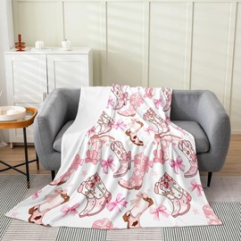 Feelyou Cowgirl All Season,Bed Blanket Set Pink Bowknots Plush Throw Blanket, for Sofa Couch Kids Western Cowboy Boots Flannel Fleece Blanket Dreamy Princess Bow Bedroom Collection Queen 90"x90"