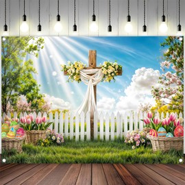 7 x 5 ft Easter Backdrop, Happy Easter Photography Background, Easter Clolrful Eggs Cross Backdrop Banner Spring Flower Photo Shoot Props Party Decoration