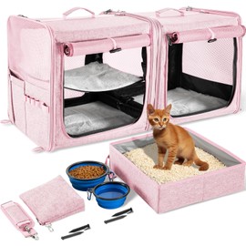Suertree Cat Carrier for 2 Cats, Pet Travel Carrier with Litter Box for Cats and Small Dogs Up to 45 Lbs, Bowls, and Locking Zippers, Pink
