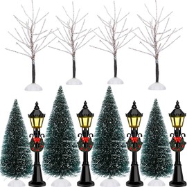 Couome Christmas Village Decor Set, 12 Pieces Including Mini Trees and Street Lamps, Ideal for Displays