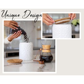 XXL 94 Oz Engraved Ceramic Kitchen Canister - Storage Jars with Airtight Lids Made from Bamboo with Nature-Inspired Engraving - Use as a Pasta Holder, Coffee Ground Holder, Rice Container, Candy Jar