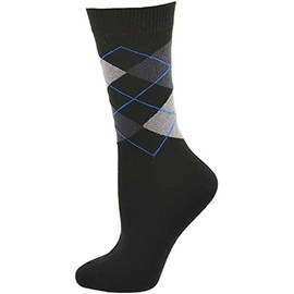 Women's Argyle Crew Socks - Seamless Toe Socks, Lightweight Combed Cotton Crew Socks - Stylish Everyday Comfort (Large, Black)