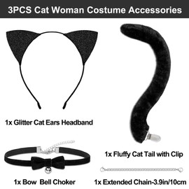 YESELR 3PCS Cat Costume Accessories for Women, Black Cat Ears Headband and Tail Bell Collar Set for Halloween Party Cosplay Dress Up