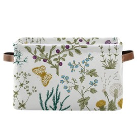 Kigai Herb and Wild Flowers Storage Basket Collapsible Rectangle Storage Bin Shelves Basket Organizer with Leather Handle for Closet, Office, Nursery, Home Decor