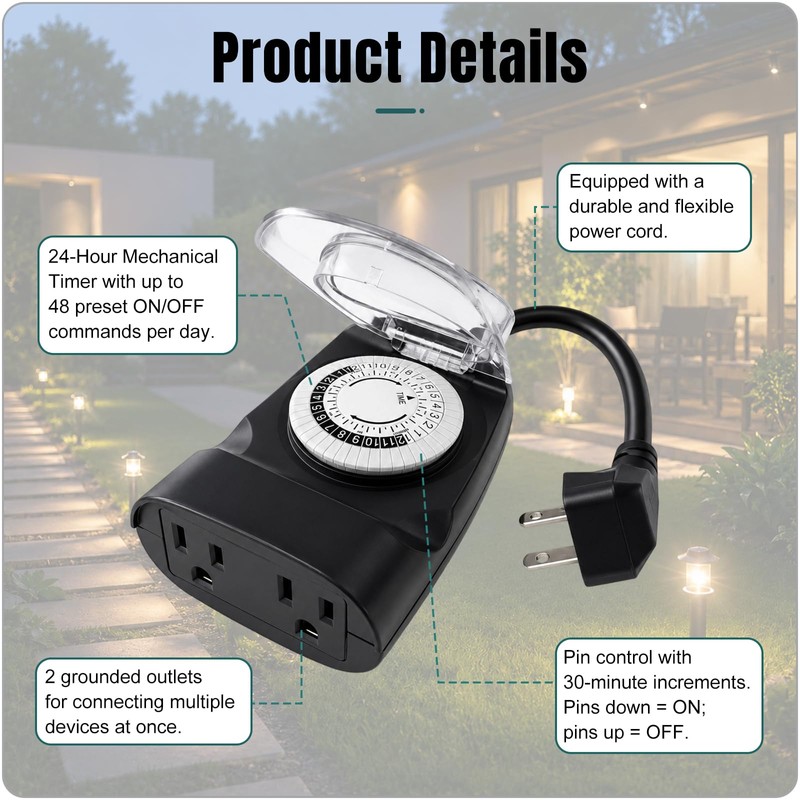 24 Hour Mechanical Outdoor Timer for Lights – 15A /