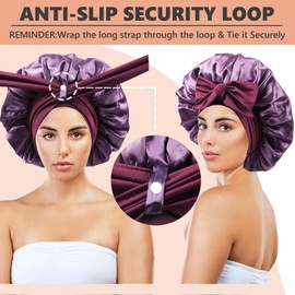 Non Slip Satin Bonnet for Sleeping Women with 3 Scrunchies,Double Layer Hair Bonnet for Sleeping with Tie Band for Shower Cap Curly Hair Braids (Plum Purple)