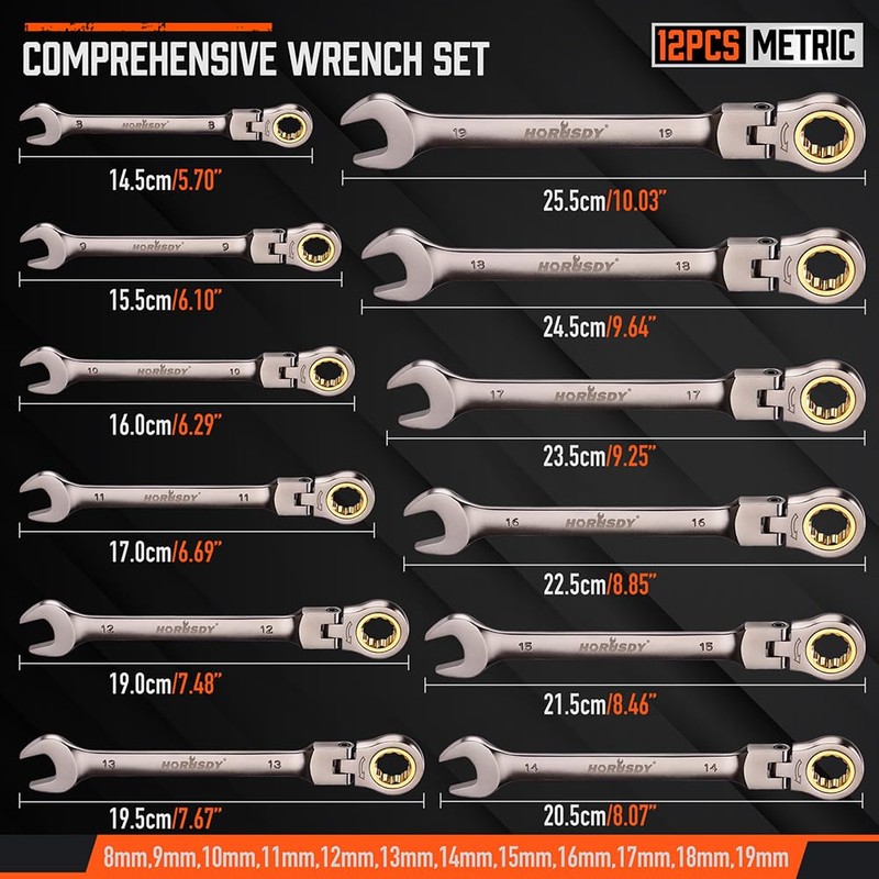 HORUSDY 12-Piece Metric Flex-Head Ratcheting Wrench Set with Organizer |