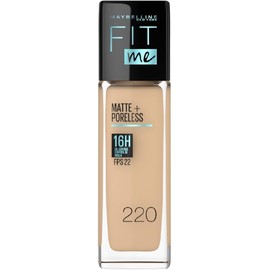 MAYBELLINE Base de Maquillaje Fit Me Matte + Poreless, Natural Beige 220, 30 ml, matifica y controla el brillo, se adapta al tono y la textura de la piel, tiene FPS 22, piel sin poros