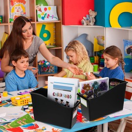 Fuutreo 12 Pcs Book Storage Bins with Labels Black Stackable Plastic Organizing Bins Plastic Folder Magazine File Holder for Classroom School Office Library Organization Containers Supplies