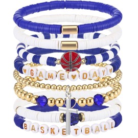 Landical 8 Pcs Basketball Game Day Bracelets Heishi Clay Beaded Stretch Bracelets Basketball Mom Accessories Jewelry Gifts(Blue, White)