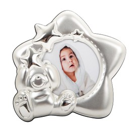 Happy Homewares Cute and Modern Star Shaped Two-Tone Silver Plated and Satin Silver Baby Picture Frame with Teddy Bear and Decorative Stars