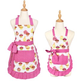 Claswcalor 2 Pack 100% Cotton Parent and Child Aprons, Cupcake Pattern Cute Baking Apron Adjustable Kitchen Apron for Women and Children Daughters Little Girls