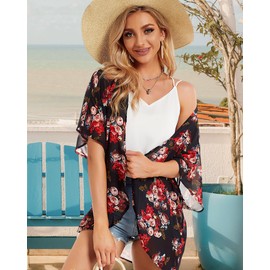 Women's Floral Print Puff Sleeve Kimono Cardigan Loose Cover Up Casual Blouse Tops(BLACK S)