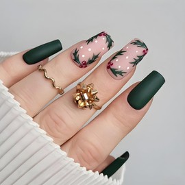 Christmas Holly Press on Nails Square Fake Nails Christmas Glue on Nails with Dark Green Holly Designs Full Cover Matte Xmas Acrylic False Nails for Women Girls DIY Winter Holiday Nail Art