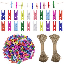 INNAL Pack of 400 Mini Colourful Wooden Pegs, 2.5 cm Pegs, Colourful, Small Colourful Pegs, Clothes Pegs, Wood Colourful, Photo Pegs, Decorative Pegs with 10 m Jute String for Photos, Collages