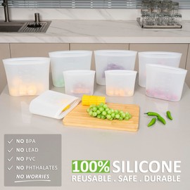 Annaklin Reusable Storage Bag, 8 Pack 100% Silicone Food Storage Bags Stand Up Silicone Zip Lock Bags for Food Container, Freezer Microwave Oven Dishwasher Safe, 4 Large 2 Medium 2 Small, Translucent