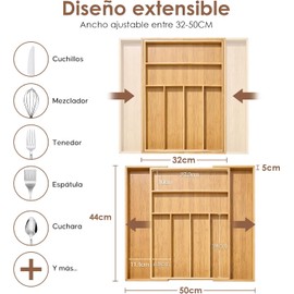 Organizador de Cubiertos,Expandible Organizador de Cubiertos para Cajon,Organizador de Cajones de Cocina,Bandeja para Cubierto,8 Divisores Plástico para Cosmético Papelería de Estudio Tenedor (Bambú)