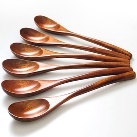 Wooden Spoons, 6 Pieces Wood Soup Spoons for Eating Mixing Stirring Cooking, Long Handle Spoon with Japanese Style Kitchen Utensil Teaspoon Coffee Spoon