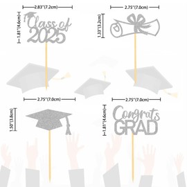 2025 Graduation Theme Cupcake Toppers Glitter Class of 2025 Graduation Cap Diploma Cupcake Picks - Set of 24 (Silver)