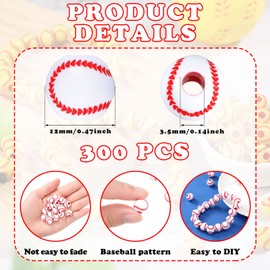 300 Pack Acrylic Baseball Beads for Bracelets Loose 12 mm Sports Ball Beads for Jewelry Making Necklace Charms Craft Keychain Home Decoration Accessories(Baseball)