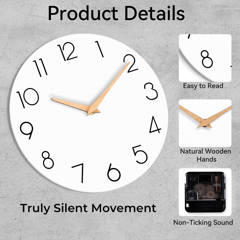 cicininc Wall Clock, 14 Inch Wooden Silent Non-Ticking, Decorative Battery
