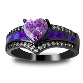 Black Engagement Ring for Women by Ginger Lyne | Promise Ring for Her | Mystic Purple Cubic Zirconia Wedding Rings | Simulated Fire Opal Birthstone or Bridal for Women