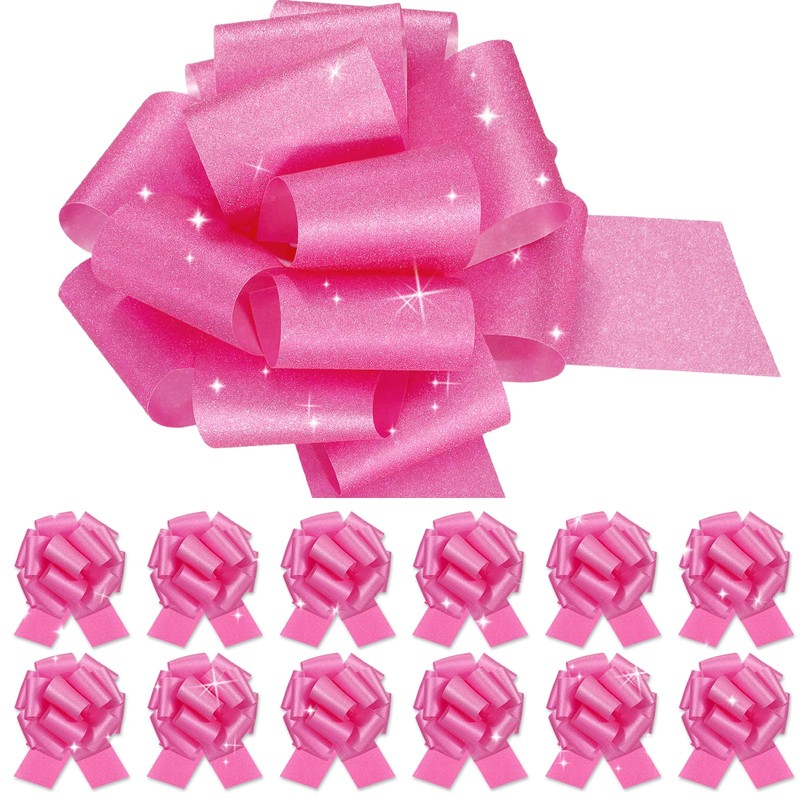 12 pcs Rose Pink Pull Bow Large Glitter Gift Wrapping