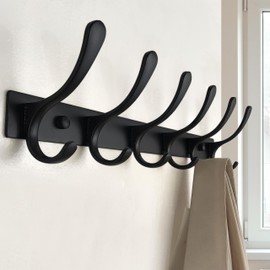SKOLOO Coat Rack Wall Mounted - 6 Hooks, Pack of 2, Heavy Duty, Stainless Steel, Metal Wall Coat Hanger, Sturdy Wall Hooks for Hanging Coat, Jacket, Clothes, Hat, Black