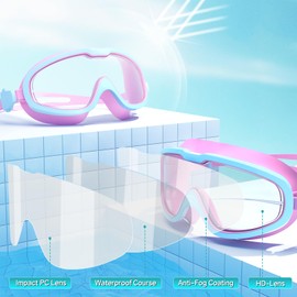 Kids Swim Goggles Set with Nose Clip & Ear Plugs, Auto Lock Buckle & Anti-Fog, Shatterproof PC Lens for Ages 6-14, 5-Color (Blue/Pink)