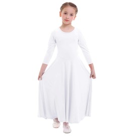 ZX Women's Long Sleeve Praise Dance Full Length Wide Swing Lyrical Dancewear Liturgical Worship Costume Dress, White, 7-8 Years