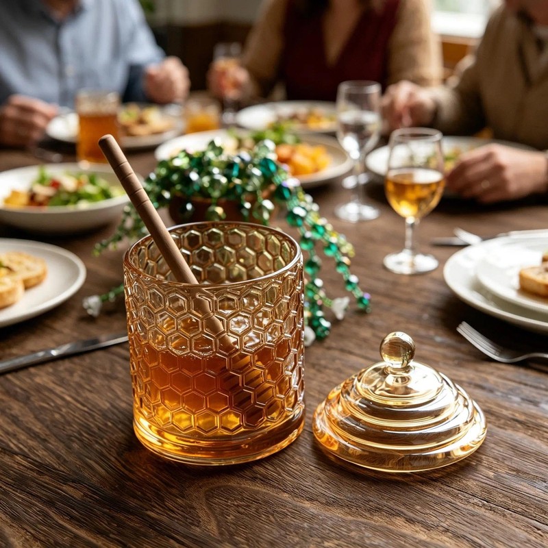 QFkris Champagne Crystal Glass Honey Pot with Dipper Sticks